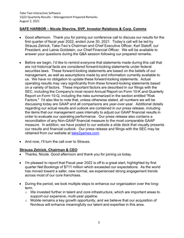 Take-Two Interactive Software 1Q22 Quarterly Results – Management Prepared Remarks August 2, 2021