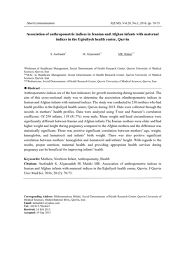 Association of Anthropometric Indices in Iranian and Afghan Infants with Maternal Indices in the Eqbaliyeh Health Center, Qazvin