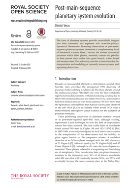 Post-Main-Sequence Planetary System Evolution Rsos.Royalsocietypublishing.Org Dimitri Veras