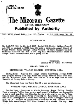 \'The Mizoram Gazette EXTRA ORDINARY Published by Authority