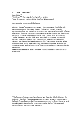 In Praise of Outlaws1 Rachel King1, 2 1 Institute of Archaeology, University College London 2 Rock Art Research Institute, University of the Witwatersrand