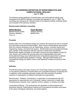 BISTIC Working Definition for Bioinformatics and Computational