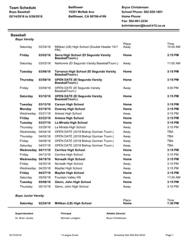 Team Schedule Baseball