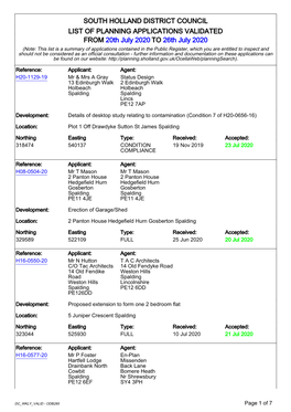 SOUTH HOLLAND DISTRICT COUNCIL LIST of PLANNING APPLICATIONS VALIDATED from 20Th July 2020 to 26Th July 2020