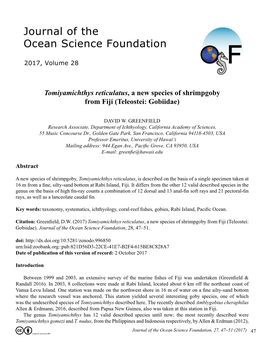 Tomiyamichthys Reticulatus, a New Species of Shrimpgoby from Fiji (Teleostei: Gobiidae)