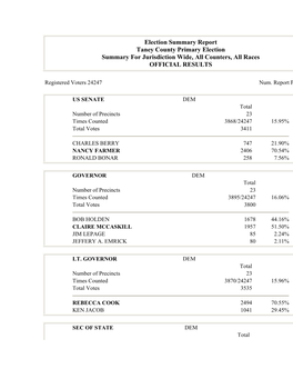 Election Summary Report Taney County Primary Election Summary