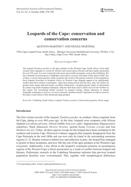 Leopards of the Cape: Conservation and Conservation Concerns