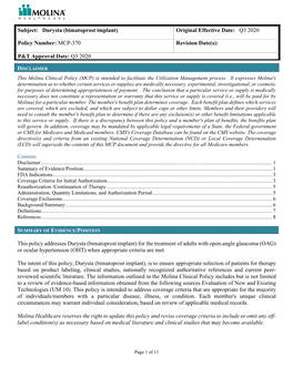 Durysta (Bimatoprost Implant) Original Effective Date: Q3 2020