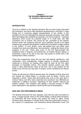 Chapter 7 the SPANISH-AMERICAN WAR III. America's War on Screen INTRODUCTION Thus Far in Relation to the Spanish-American