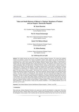 Taboo and Health Behavior of Mahout in Elephant Biosphere of Thailand and Lao People’S Democratic Republic