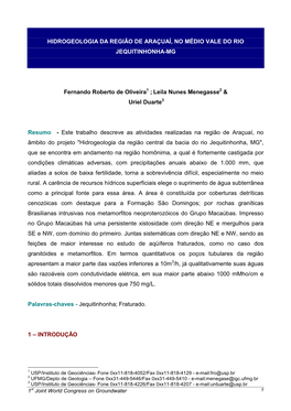 Hidrogeologia Da Região De Araçuaí, No Médio Vale Do Rio Jequitinhonha-Mg