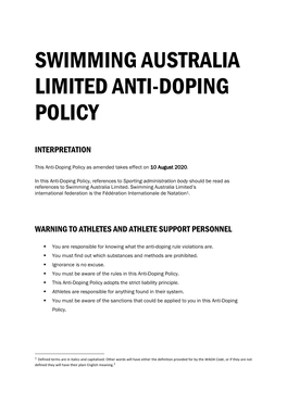 Swimming Australia Limited Anti-Doping Policy