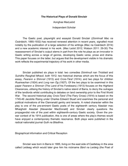 The Historical Plays of Donald Sinclair Aonghas Macleòid Independent Scholar the Gaelic Poet, Playwright and Essayist Donald Si