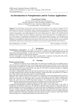 An Introduction to Nanophotonics and Its Various Applications