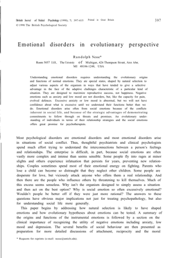 Emotional Disorders in Evolutionary Perspective