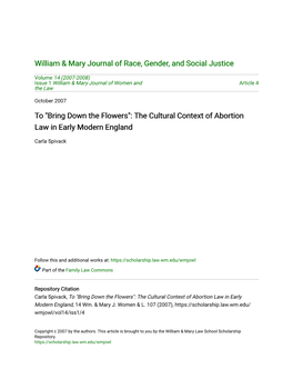 The Cultural Context of Abortion Law in Early Modern England