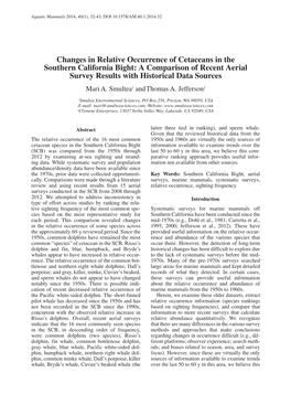 Changes in Relative Occurrence of Cetaceans in the Southern California Bight: a Comparison of Recent Aerial Survey Results with Historical Data Sources Mari A