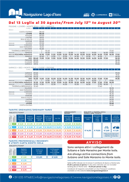 AVVISO BIGLIETTI/TICKET Sono Sempre Attivi I Collegamenti Da Biglietto Multibagaglio Multicorse Ordinario 10 Viaggi 10 Viaggi Sulzano E Sale Marasino Per Monte Isola