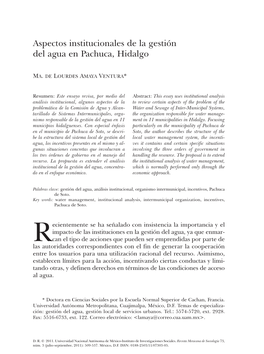 Aspectos Institucionales De La Gestión Del Agua En Pachuca, Hidalgo