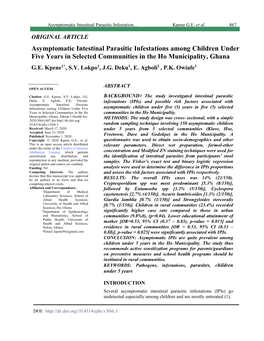 Asymptomatic Intestinal Parasitic Infestations Among Children Under Five Years in Selected Communities in the Ho Municipality, Ghana