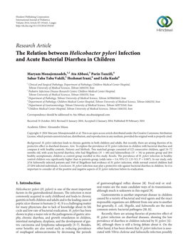 Research Article the Relation Between Helicobacter Pylori Infection and Acute Bacterial Diarrhea in Children