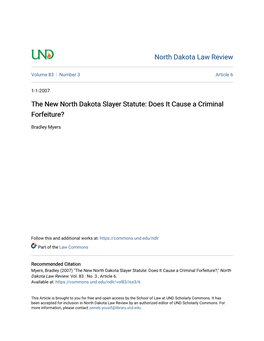 The New North Dakota Slayer Statute: Does It Cause a Criminal Forfeiture?