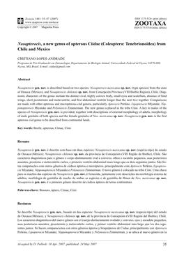 Zootaxa,Neoapterocis, a New Genus of Apterous Ciidae