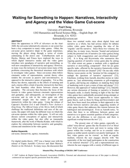 Narratives, Interactivity and Agency and the Video Game Cut-Scene