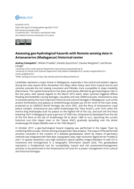 Assessing Geo-Hydrological Hazards with Remote Sensing Data in Antananarivo (Madagascar) Historical Center