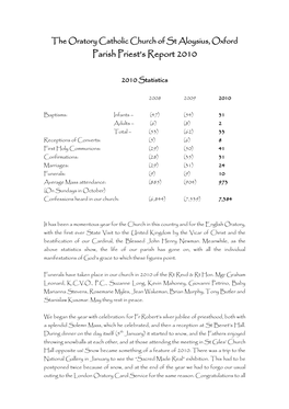 The Oratory Catholic Church of St Aloysius, Oxford Parish Priest‟S Report 2010