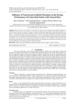 Influence of Natural and Artificial Mordants on the Dyeing Performance of Cotton Knit Fabric with Natural Dyes