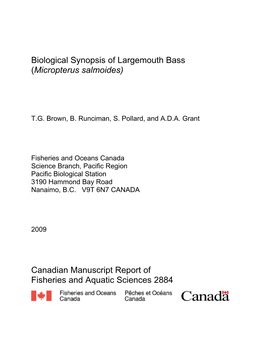Biological Synopsis of Largemouth Bass (Micropterus Salmoides)