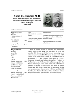 Short Biographies M-R of All of the Surveyors and Individuals Associated with the Surveyor General's Office in Oregon 1851-1910