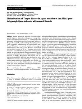 Mutation of the ABCA1 Gene in Hypoalphalipoproteinemia with Corneal Lipidosis