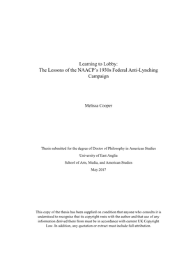 The Lessons of the NAACP's 1930S Federal Anti-Lynching Campaign