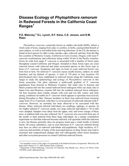 Disease Ecology of Phytophthora Ramorum in Redwood Forests in the California Coast Ranges1