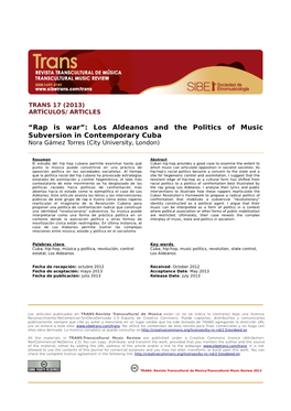 “Rap Is War”: Los Aldeanos and the Politics of Music Subversion in Contemporary Cuba Nora Gámez Torres (City University, London)