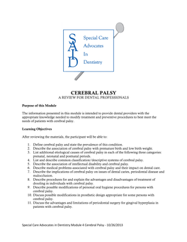 Cerebral Palsy a Review for Dental Professionals