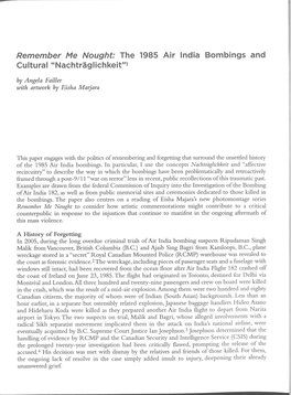 Remember Me Nought: the 1985 Air India Bombings and Cultural "Nachtrdglichkeit"T by Angela Failler with Artwork by Eisha Matjara