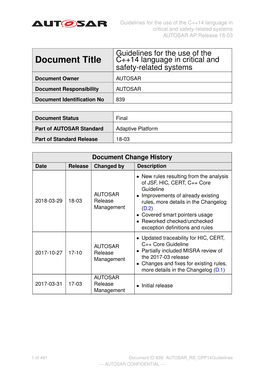 Guidelines for the Use of the C++14 Language in Critical and Safety-Related Systems AUTOSAR AP Release 18-03