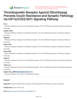 Thrombopoietin Receptor Agonist Eltrombopag Prevents Insulin