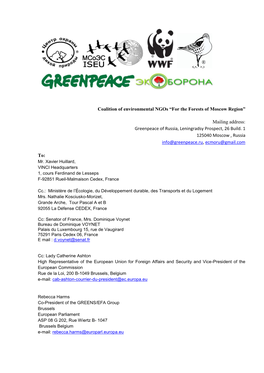 Coalition of Environmental Ngos “For the Forests of Moscow Region” Mailing Address: Greenpeace of Russia, Leningradsy Prosp