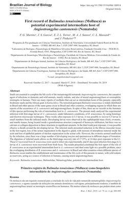 First Record of Bulimulus Tenuissimus (Mollusca) As Potential Experimental Intermediate Host of Angiostrongylus Cantonensis (Nematoda) F