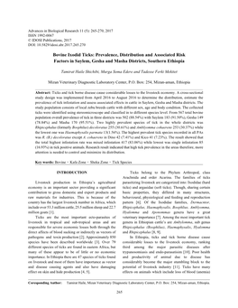 Bovine Ixodid Ticks: Prevalence, Distribution and Associated Risk Factors in Saylem, Gesha and Masha Districts, Southern Ethiopia