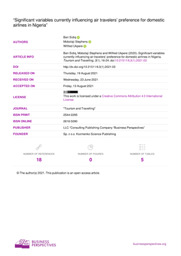 Significant Variables Currently Influencing Air Travelers' Preference for Domestic Airlines in Nigeria