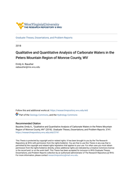 Qualitative and Quantitative Analysis of Carbonate Waters in the Peters Mountain Region of Monroe County, WV