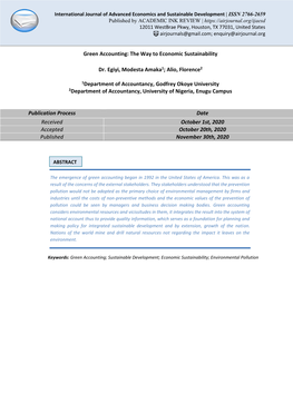 Green Accounting: the Way to Economic Sustainability Dr. Egiyi