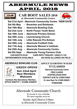 CAR BOOT SALES 2018 Abermule Community Church