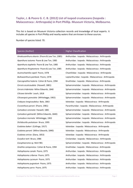 List of Isopod Crustaceans (Isopoda : Malacostraca : Arthropoda) in Port Phillip