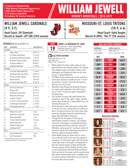 WILLIAM JEWELL 34 Academic All-America Selections WOMEN’S BASKETBALL | 2018-2019 WILLIAM JEWELL CARDINALS MISSOURI-ST